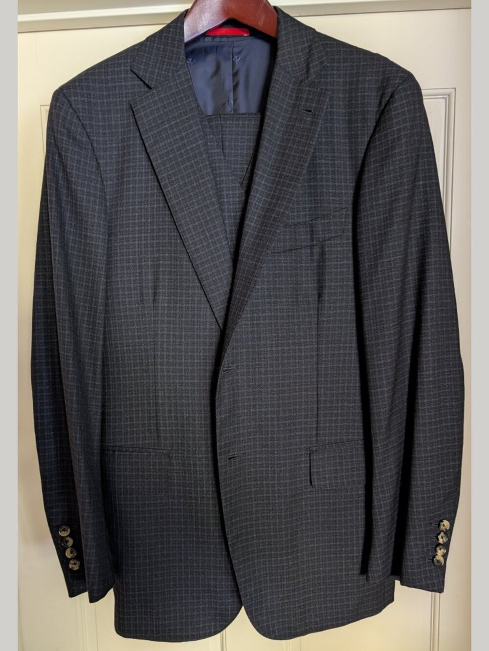 NWOT Isaia Napoli Blue Black Check 3-Piece Suit Vest Notch Lapel EU52R US42R